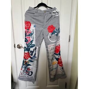 Vintage style Striped Patchwork Wide Leg Pants Floral Retro Travel Print –Size M